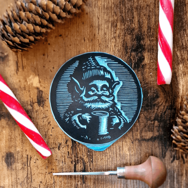 Linogravure - Gnome au Chocolat Chaud