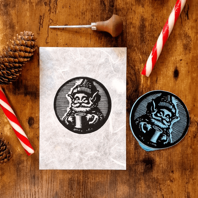 Linogravure - Gnome au Chocolat Chaud