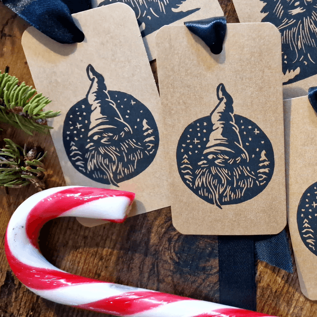 Linogravure - Etiquettes de Noël - Gnome Sapin / Gnome Boule