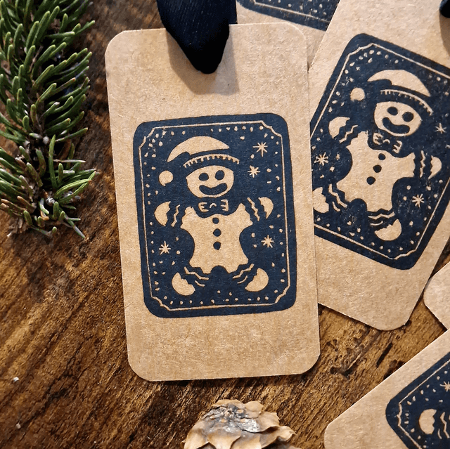 Linogravure - Etiquettes de Noël - Lutin / Gingerbread