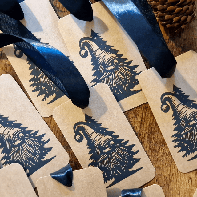 Linogravure - Etiquettes de Noël - Gnome Sapin / Gnome Boule